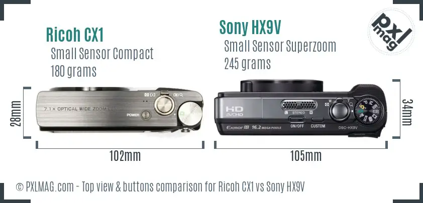 Ricoh CX1 vs Sony HX9V top view buttons comparison