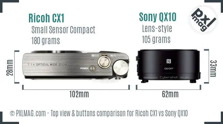 Ricoh CX1 vs Sony QX10 top view buttons comparison