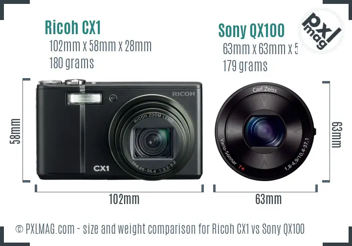 Ricoh CX1 vs Sony QX100 size comparison