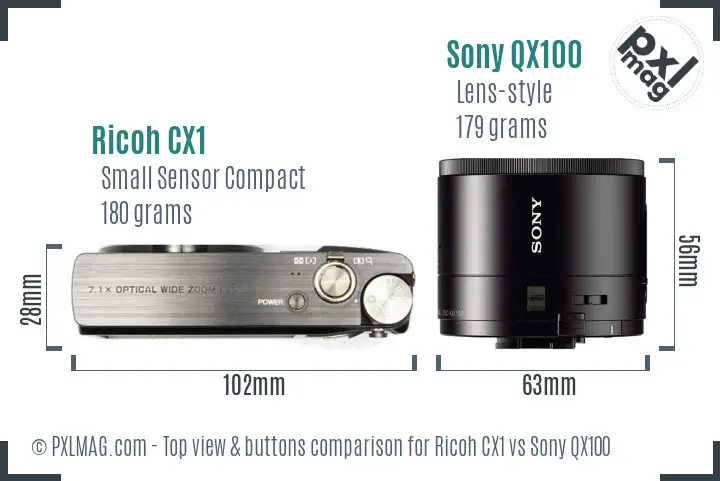 Ricoh CX1 vs Sony QX100 top view buttons comparison