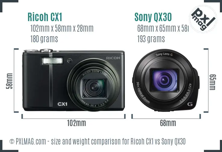 Ricoh CX1 vs Sony QX30 size comparison