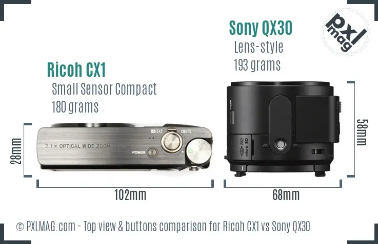 Ricoh CX1 vs Sony QX30 top view buttons comparison