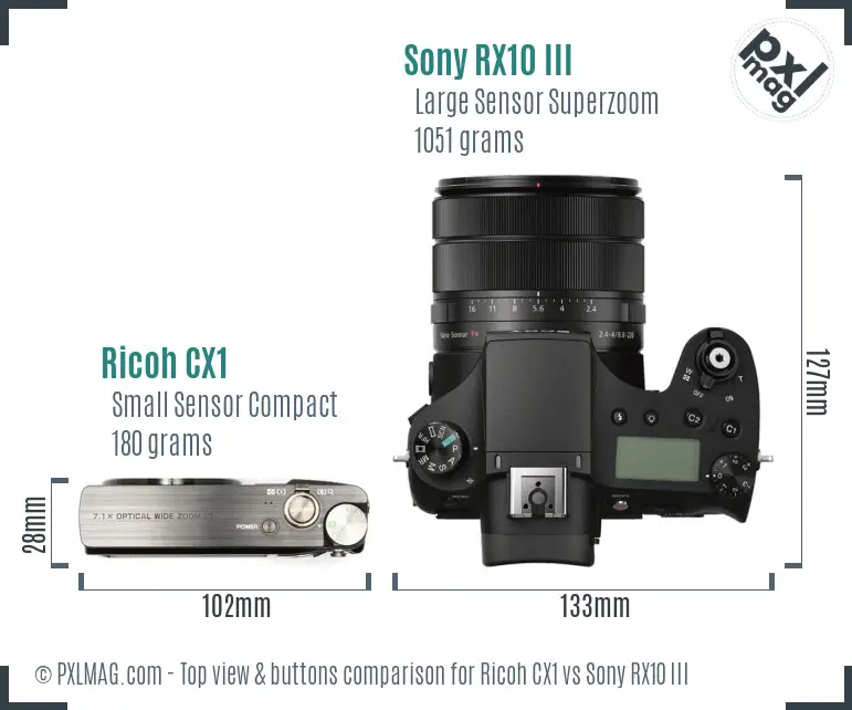 Ricoh CX1 vs Sony RX10 III top view buttons comparison