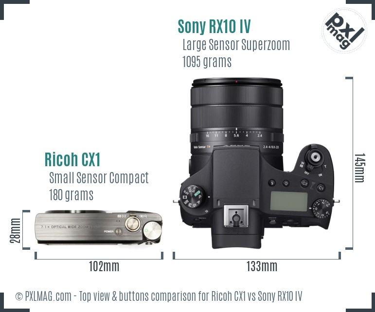 Ricoh CX1 vs Sony RX10 IV top view buttons comparison