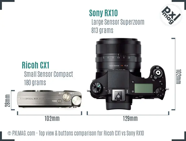 Ricoh CX1 vs Sony RX10 top view buttons comparison