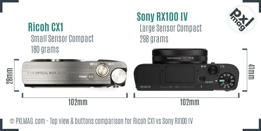 Ricoh CX1 vs Sony RX100 IV top view buttons comparison