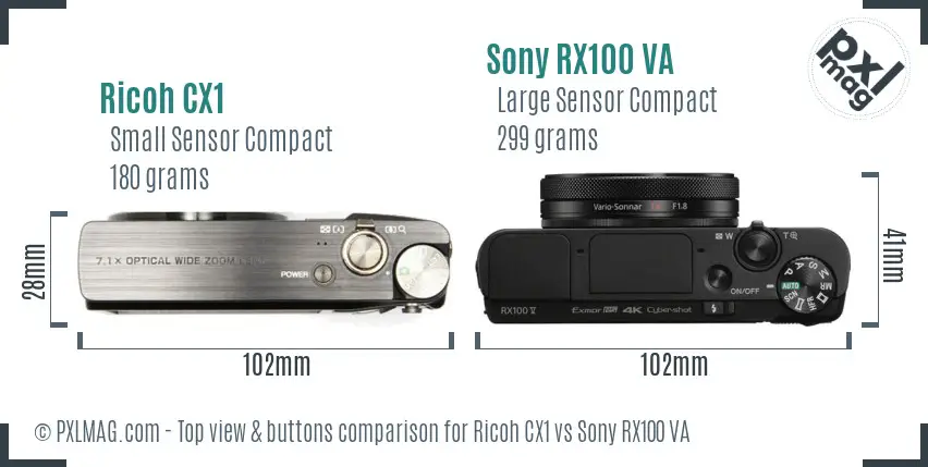 Ricoh CX1 vs Sony RX100 VA top view buttons comparison