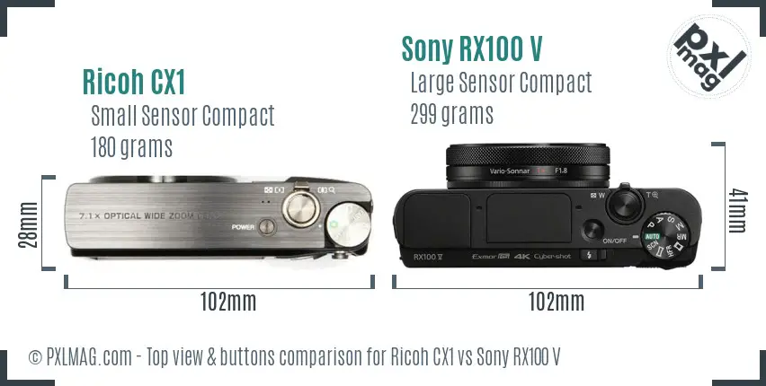 Ricoh CX1 vs Sony RX100 V top view buttons comparison