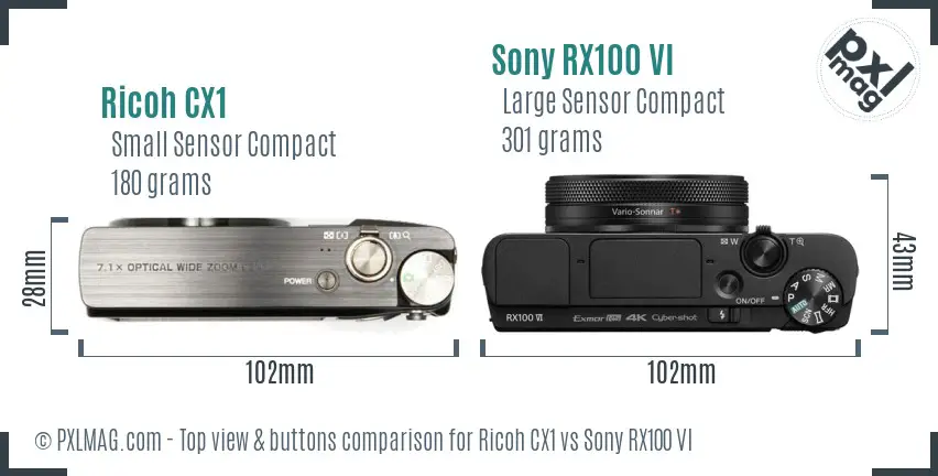 Ricoh CX1 vs Sony RX100 VI top view buttons comparison