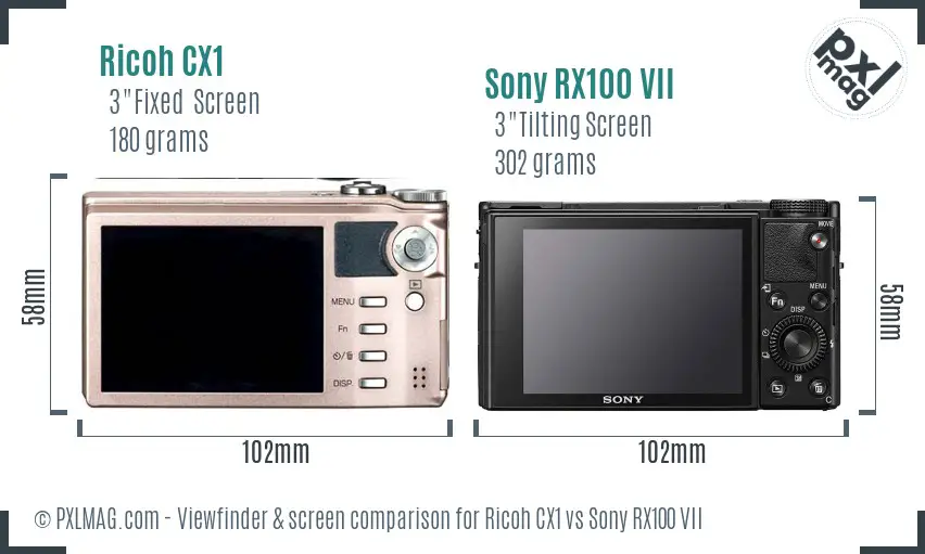 Ricoh CX1 vs Sony RX100 VII Screen and Viewfinder comparison