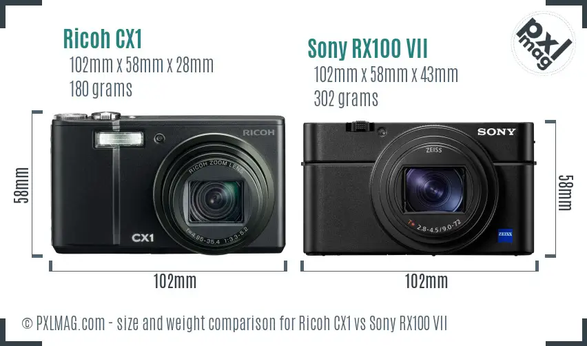 Ricoh CX1 vs Sony RX100 VII size comparison