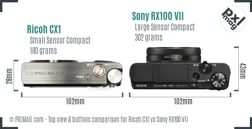 Ricoh CX1 vs Sony RX100 VII top view buttons comparison