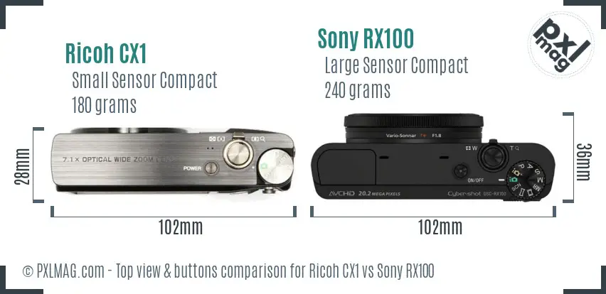 Ricoh CX1 vs Sony RX100 top view buttons comparison