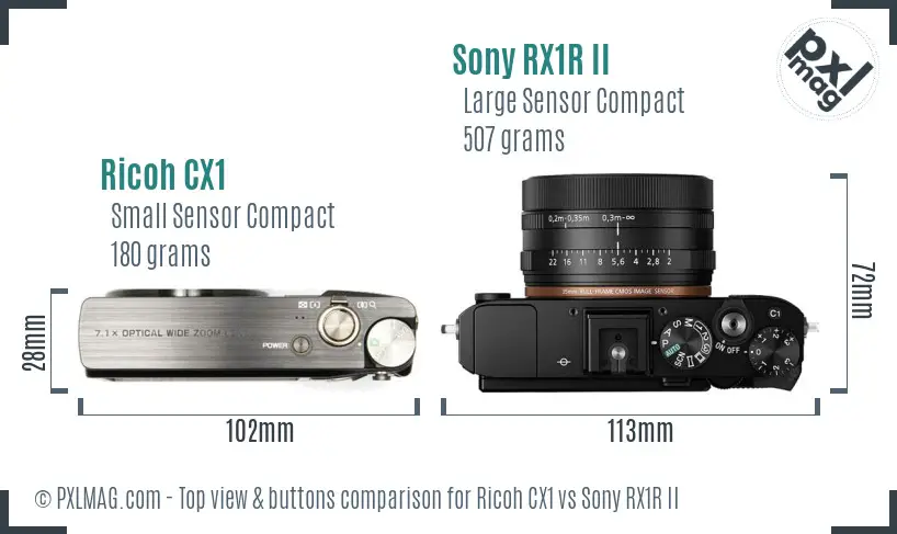 Ricoh CX1 vs Sony RX1R II top view buttons comparison