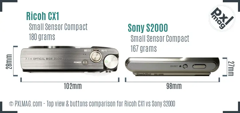 Ricoh CX1 vs Sony S2000 top view buttons comparison