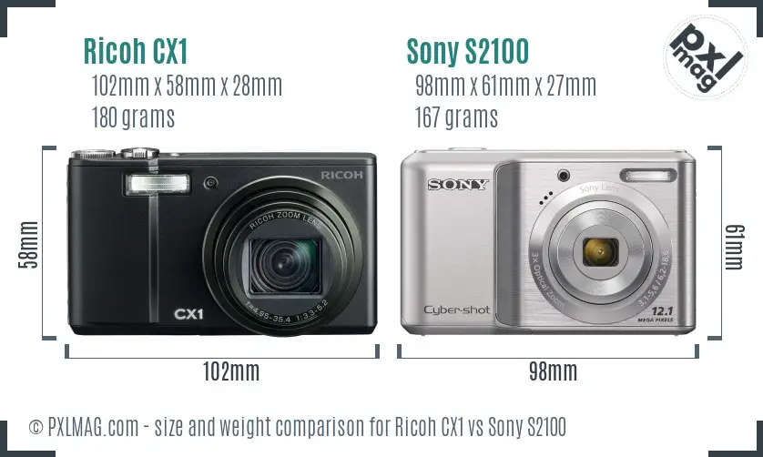 Ricoh CX1 vs Sony S2100 size comparison