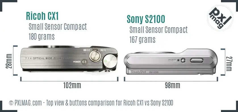 Ricoh CX1 vs Sony S2100 top view buttons comparison