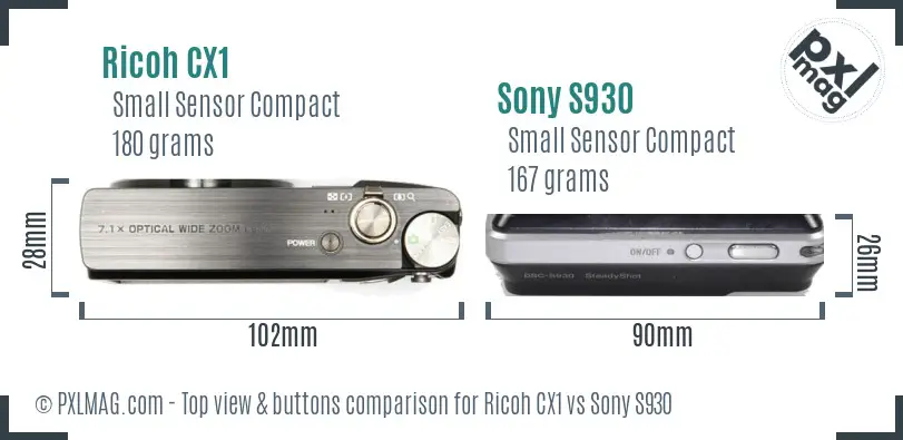 Ricoh CX1 vs Sony S930 top view buttons comparison