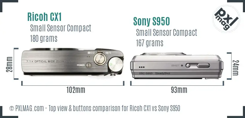 Ricoh CX1 vs Sony S950 top view buttons comparison