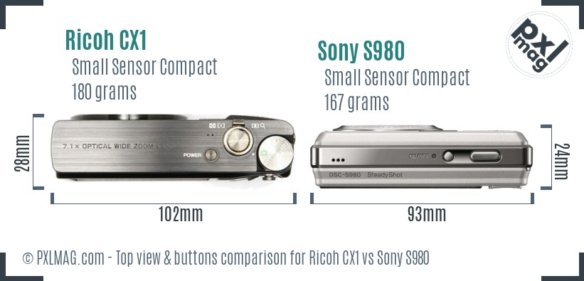 Ricoh CX1 vs Sony S980 top view buttons comparison