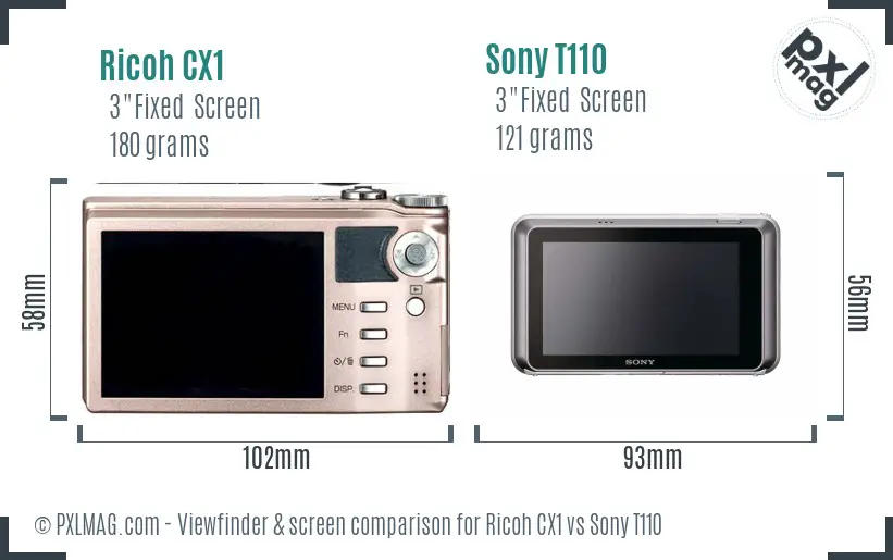 Ricoh CX1 vs Sony T110 Screen and Viewfinder comparison