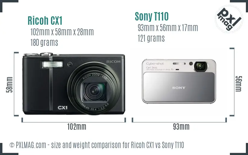 Ricoh CX1 vs Sony T110 size comparison