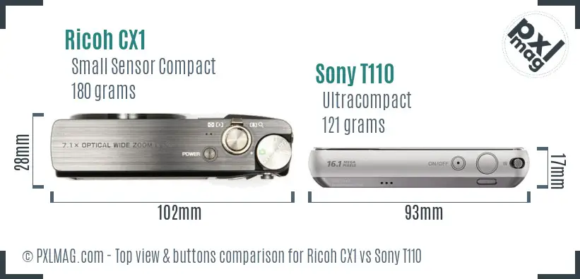Ricoh CX1 vs Sony T110 top view buttons comparison