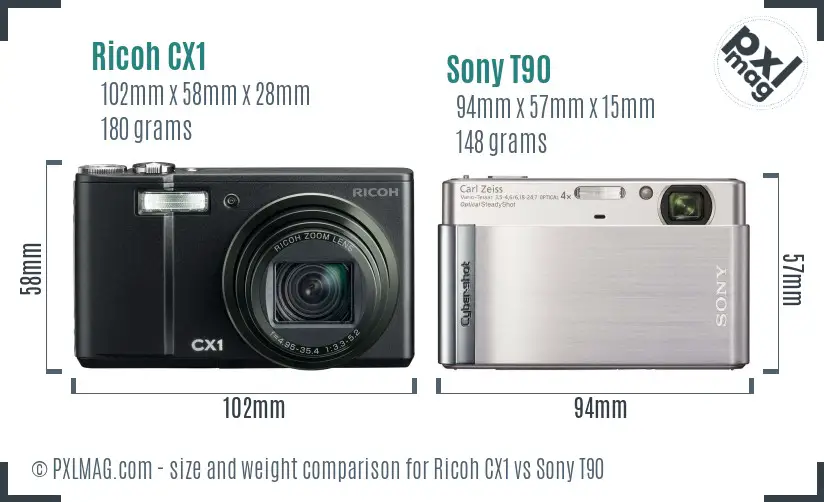 Ricoh CX1 vs Sony T90 size comparison