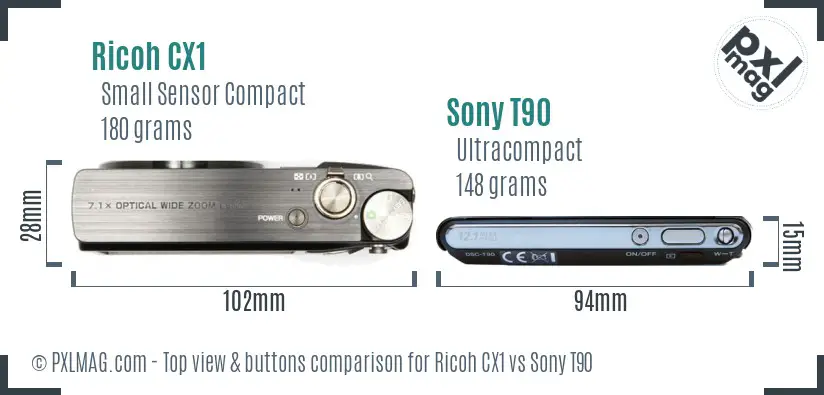 Ricoh CX1 vs Sony T90 top view buttons comparison
