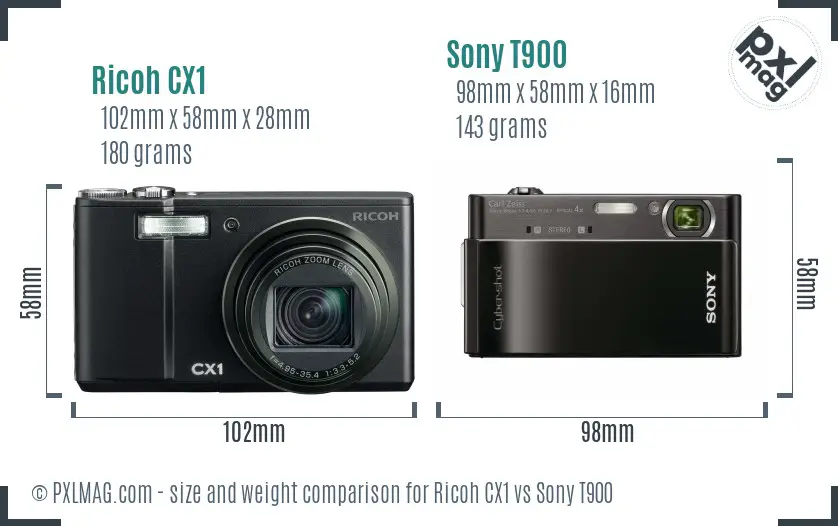 Ricoh CX1 vs Sony T900 size comparison