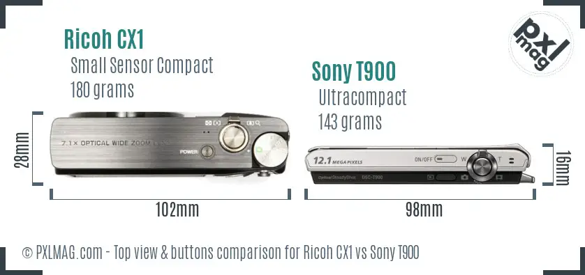 Ricoh CX1 vs Sony T900 top view buttons comparison