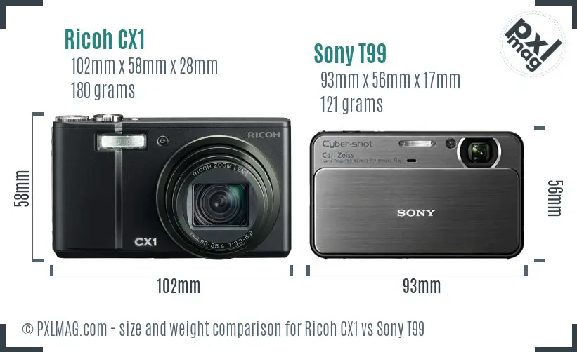 Ricoh CX1 vs Sony T99 size comparison