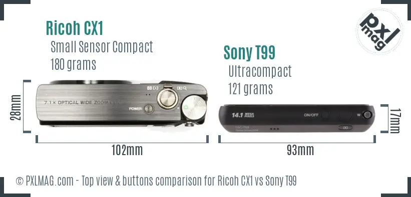 Ricoh CX1 vs Sony T99 top view buttons comparison