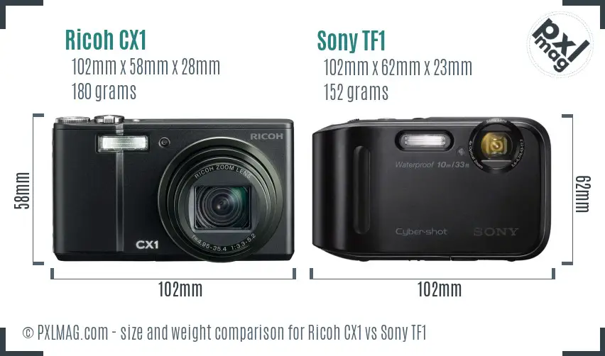 Ricoh CX1 vs Sony TF1 size comparison