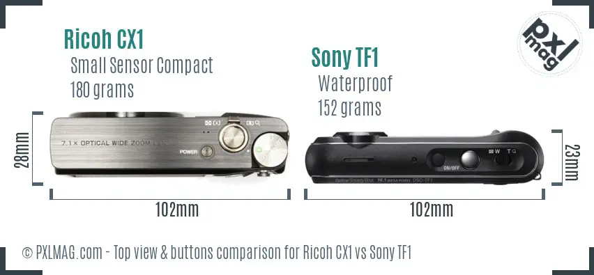 Ricoh CX1 vs Sony TF1 top view buttons comparison