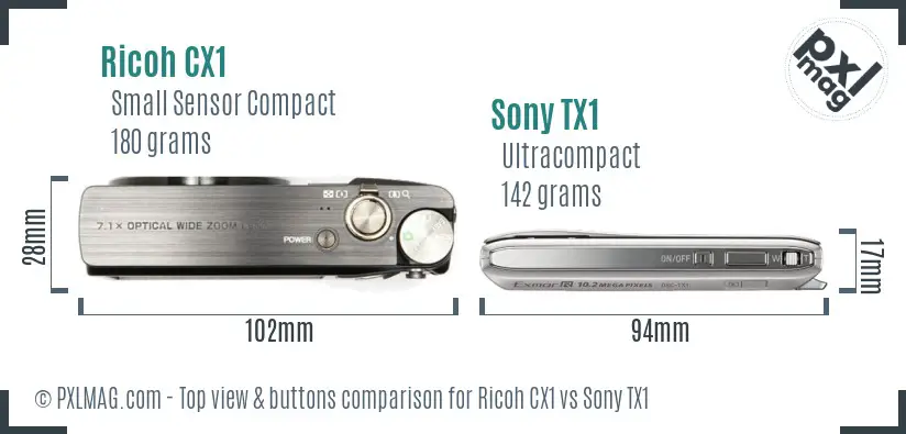 Ricoh CX1 vs Sony TX1 top view buttons comparison