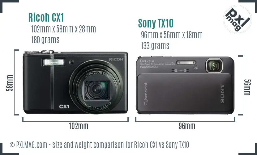 Ricoh CX1 vs Sony TX10 size comparison
