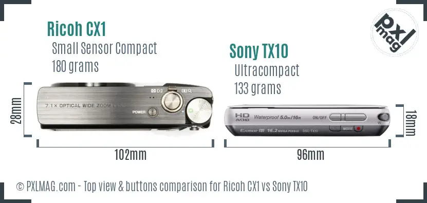 Ricoh CX1 vs Sony TX10 top view buttons comparison