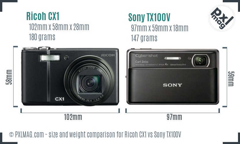 Ricoh CX1 vs Sony TX100V size comparison