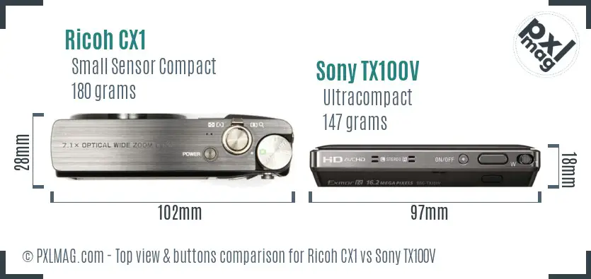 Ricoh CX1 vs Sony TX100V top view buttons comparison