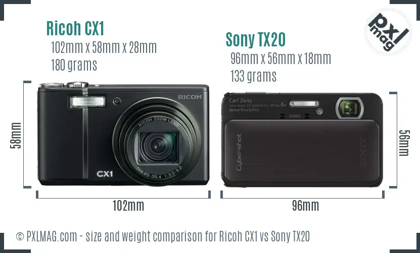 Ricoh CX1 vs Sony TX20 size comparison