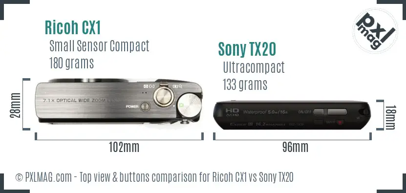 Ricoh CX1 vs Sony TX20 top view buttons comparison