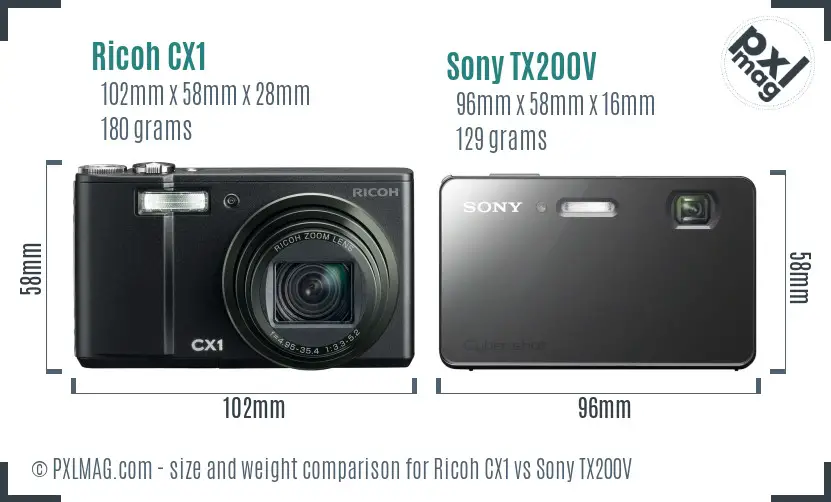 Ricoh CX1 vs Sony TX200V size comparison