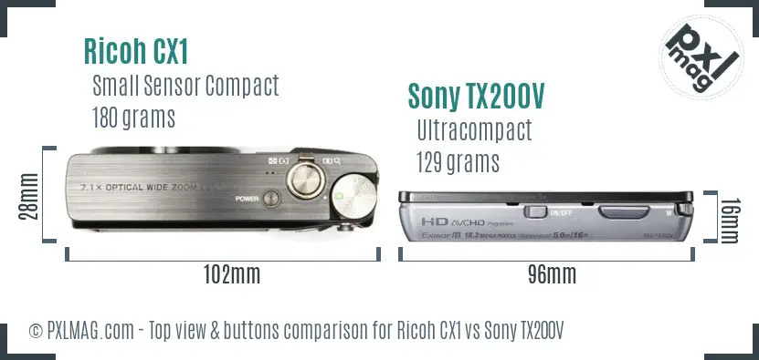 Ricoh CX1 vs Sony TX200V top view buttons comparison