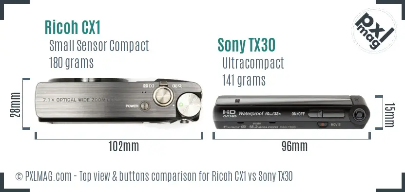 Ricoh CX1 vs Sony TX30 top view buttons comparison