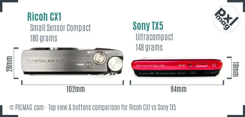 Ricoh CX1 vs Sony TX5 top view buttons comparison