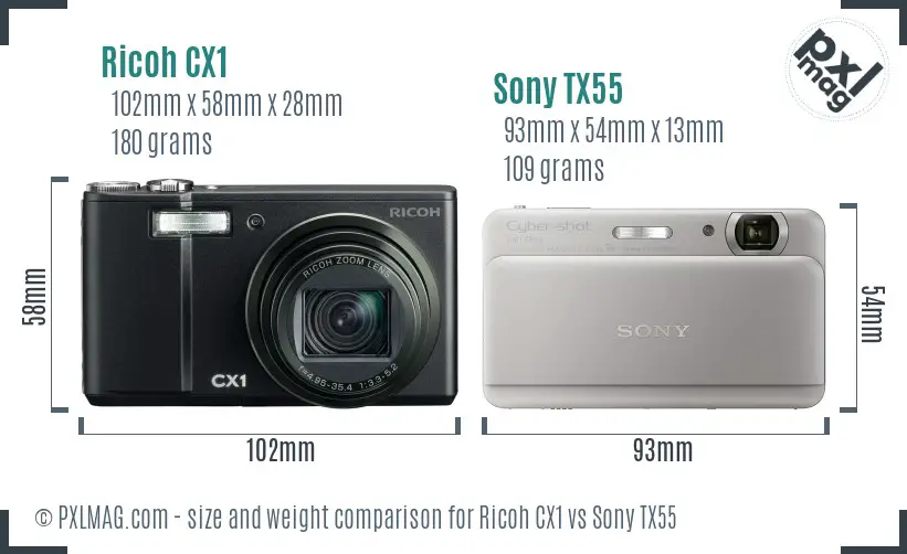 Ricoh CX1 vs Sony TX55 size comparison