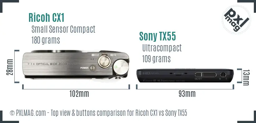 Ricoh CX1 vs Sony TX55 top view buttons comparison