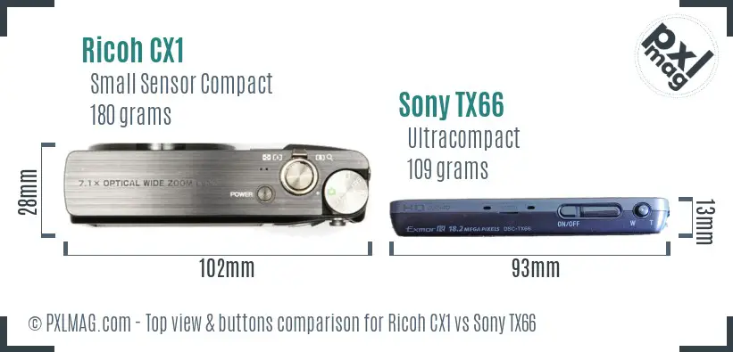 Ricoh CX1 vs Sony TX66 top view buttons comparison