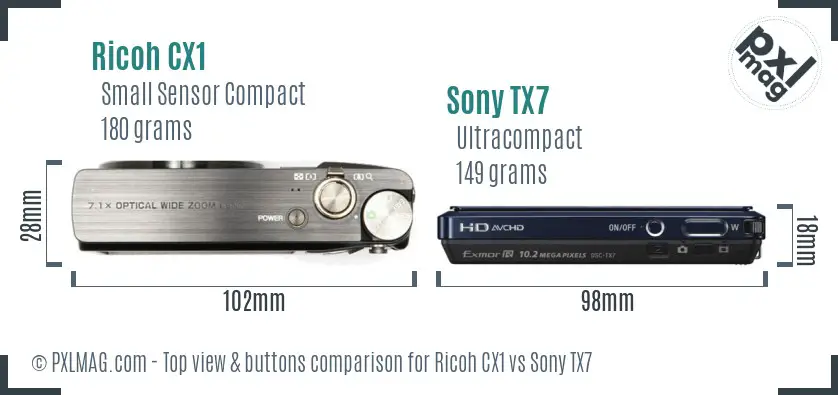 Ricoh CX1 vs Sony TX7 top view buttons comparison